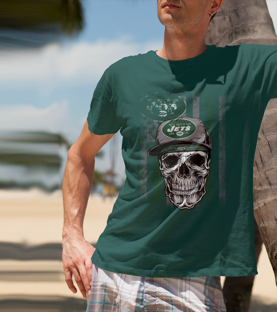 Skull With New York Jets Cap And Logo On Green Stripe T-Shirt