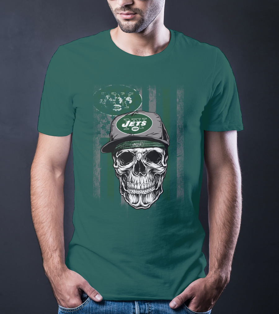 Skull With New York Jets Cap And Logo On Green Stripe T-Shirt