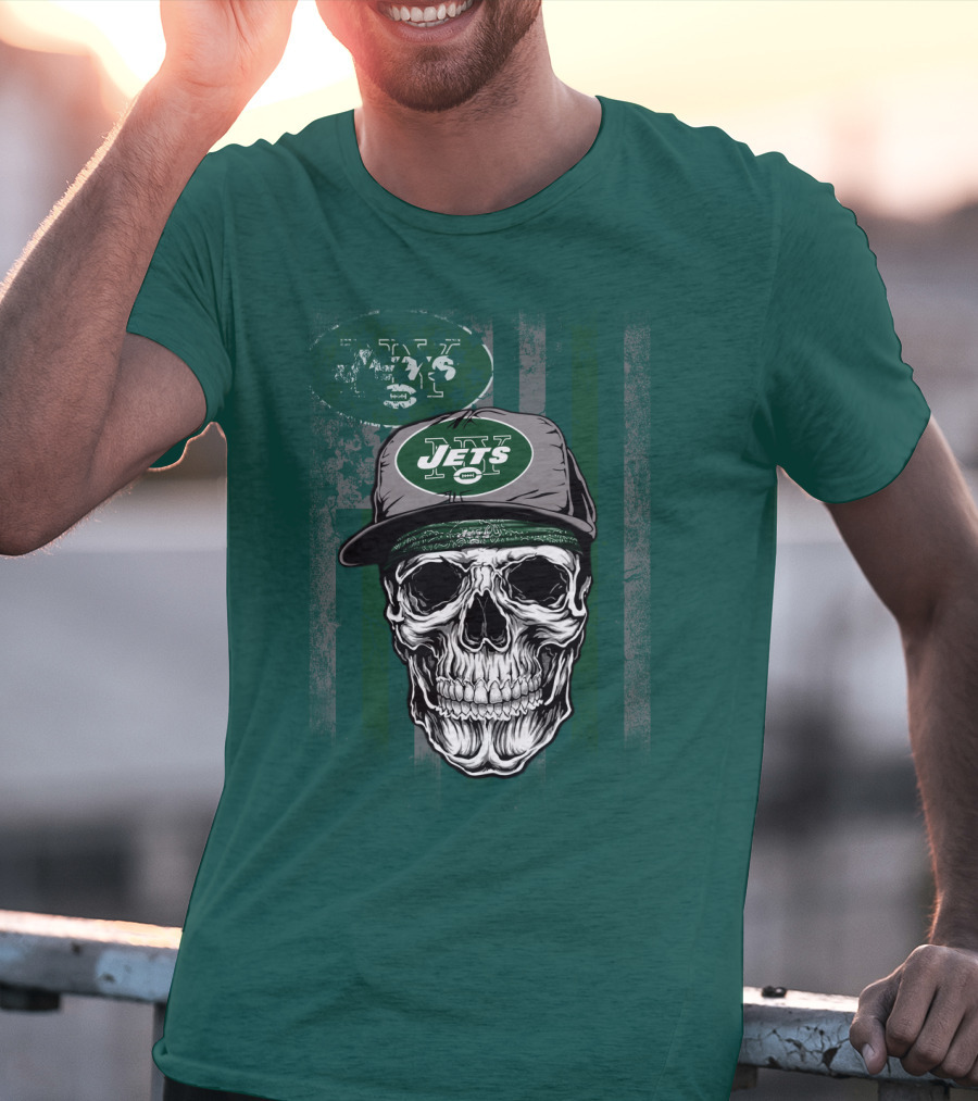 Skull With New York Jets Cap And Logo On Green Stripe T-Shirt