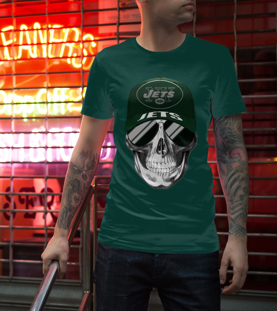 New York Jets Skull With Cap And Sunglasses T-Shirt