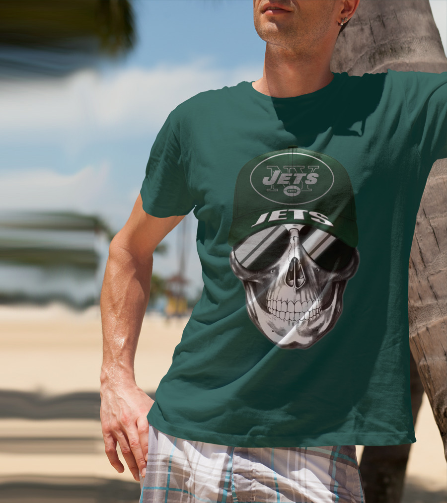 New York Jets Skull With Cap And Sunglasses T-Shirt