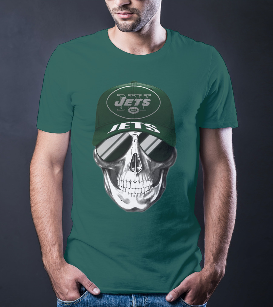 New York Jets Skull With Cap And Sunglasses T-Shirt