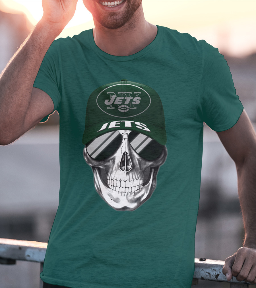 New York Jets Skull With Cap And Sunglasses T-Shirt