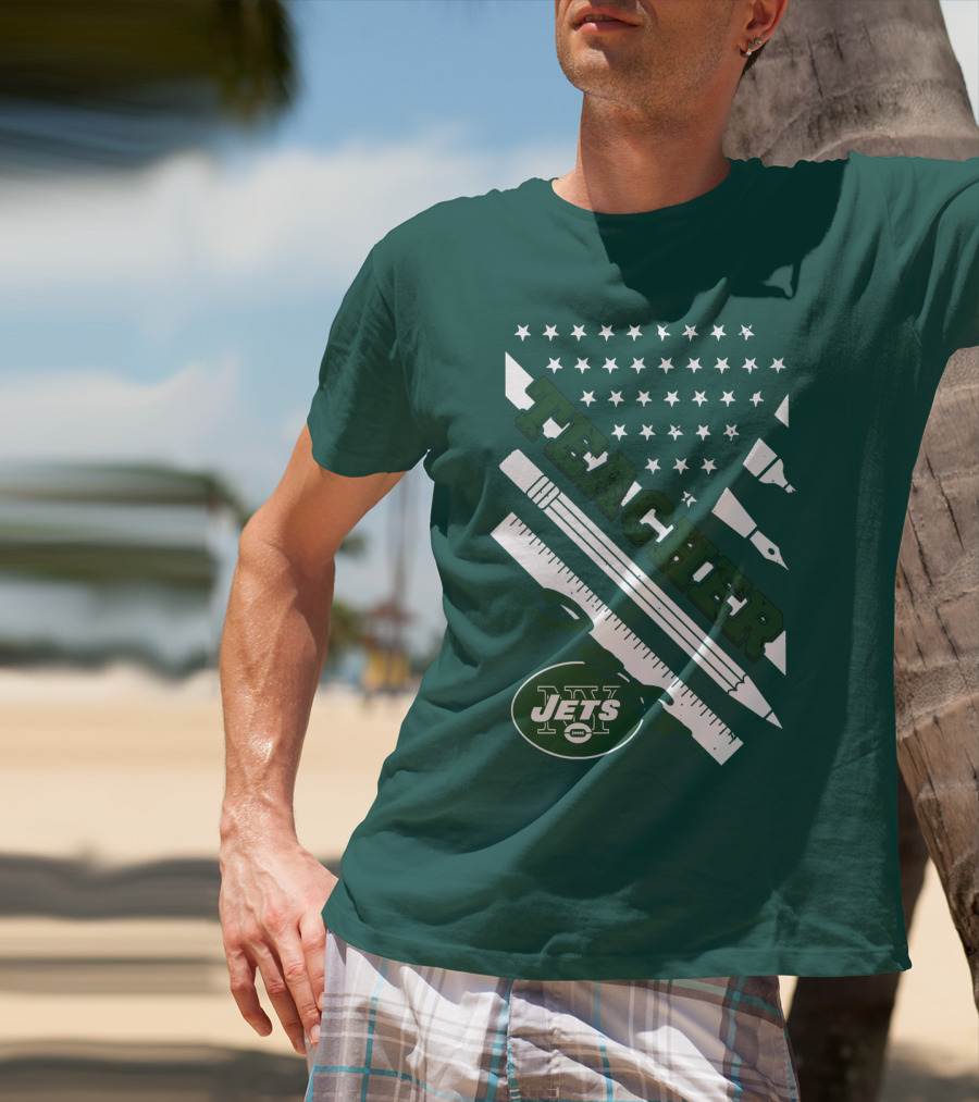 New York Jets Teacher Football Enthusiast American Flag And School Supplies T-Shirt
