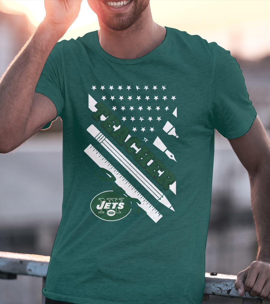 New York Jets Teacher Football Enthusiast American Flag And School Supplies T-Shirt