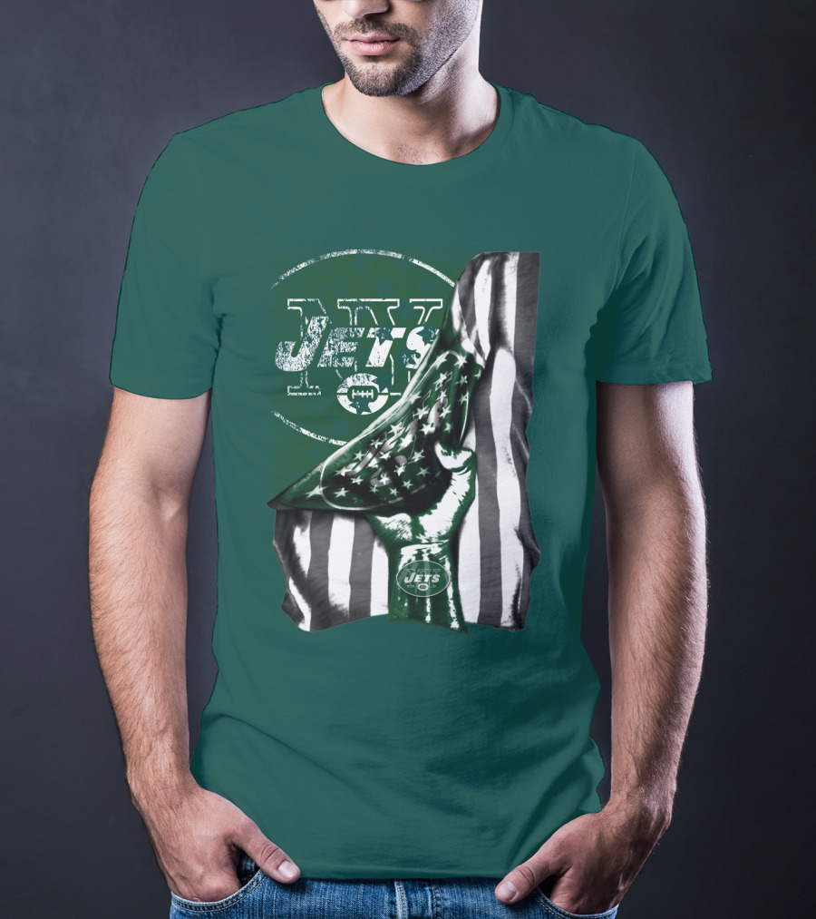 New York Jets Logo With Green And White American Flag And Number One Foam Finger T-Shirt