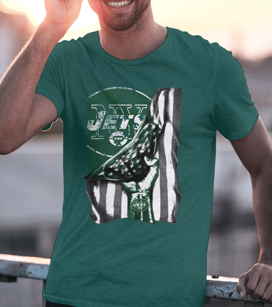 New York Jets Logo With Green And White American Flag And Number One Foam Finger T-Shirt