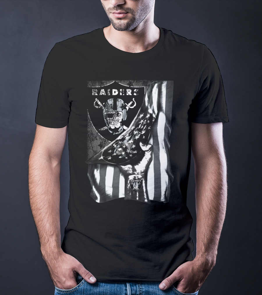 Raiders Shield Helmet And Stars Stripes Black And White Tribute T-Shirt
