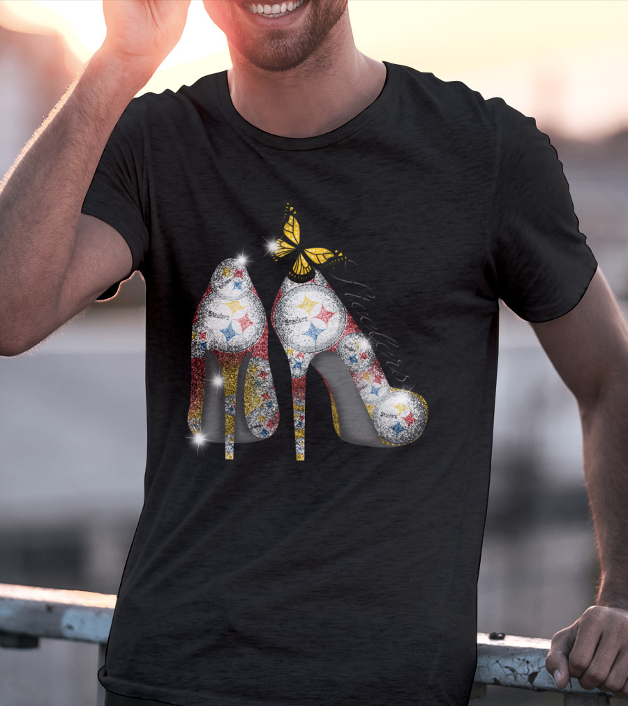 Steelers Pittsburgh High Heels With Yellow Butterfly Sparkle T-Shirt