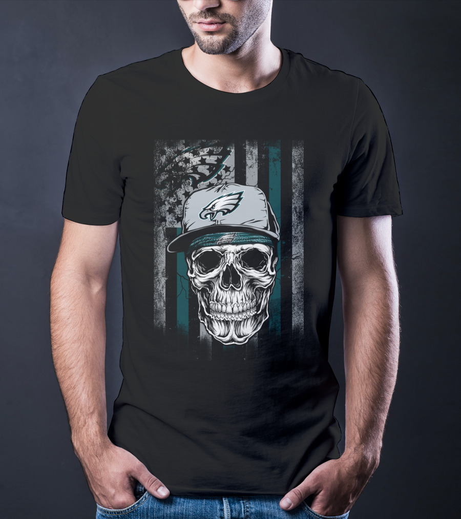Philadelphia Eagles Skull With Hat On Striped T-Shirt