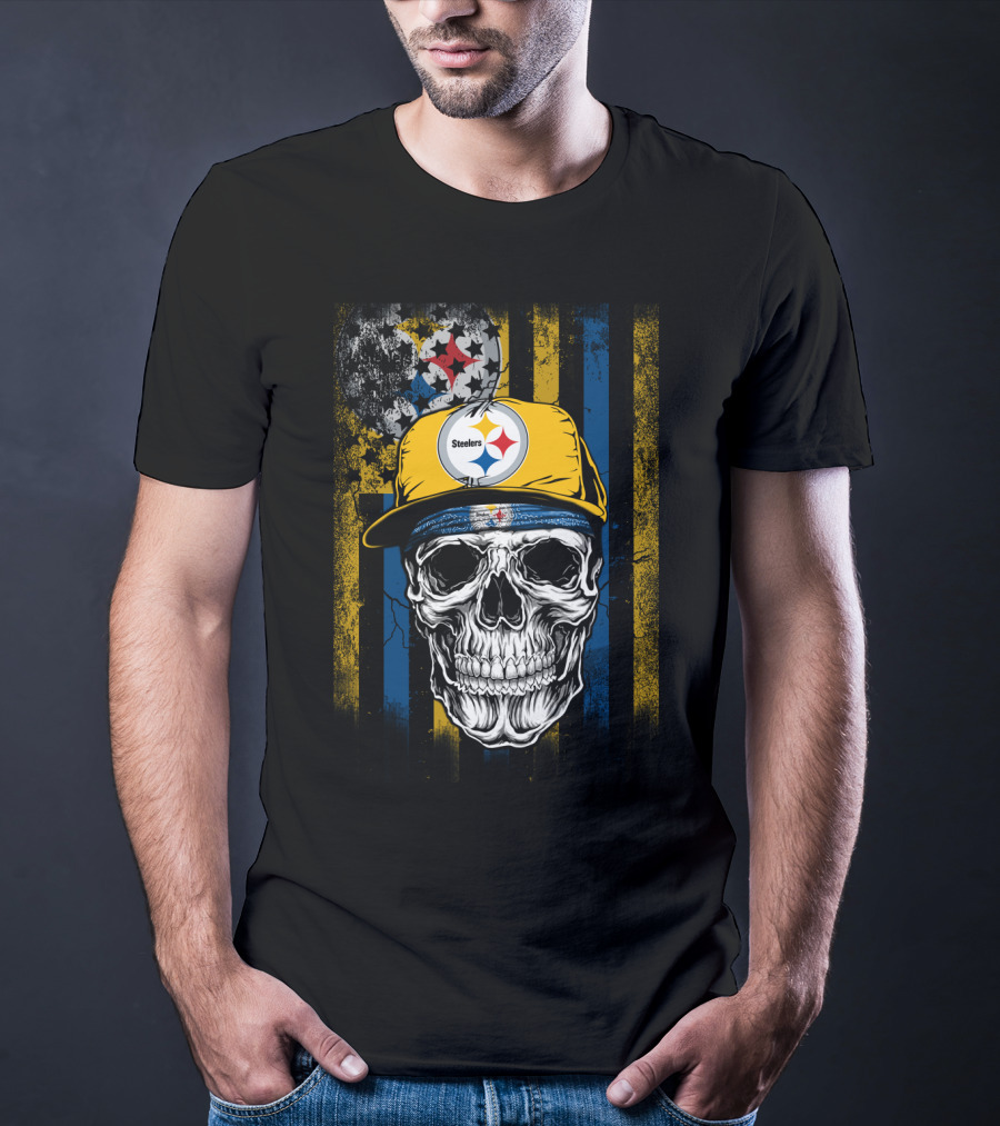 Pittsburgh Steelers Skull With Hat And Black Yellow Stripes T-Shirt