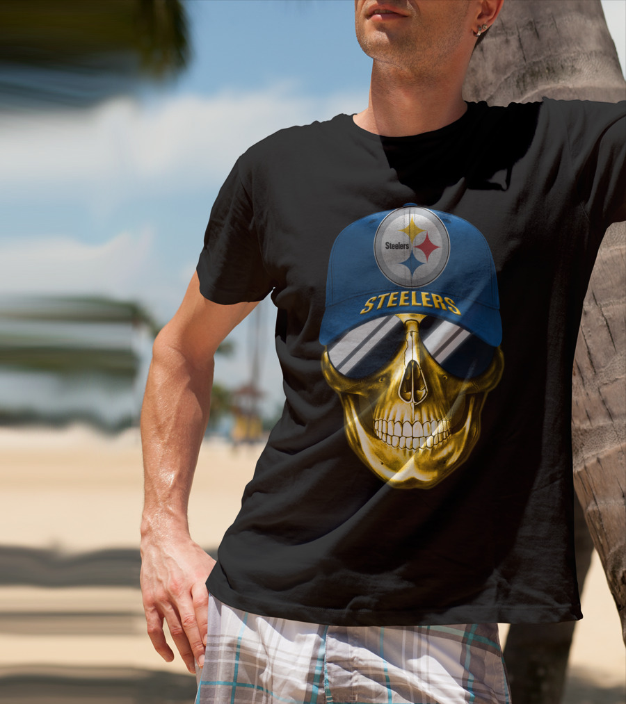 Pittsburgh Steelers Skull Wearing Reflective Sunglasses And Branded Cap T-Shirt