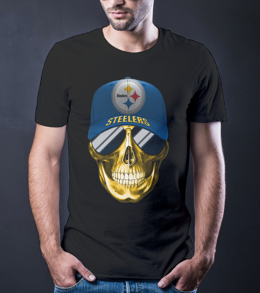Pittsburgh Steelers Skull Wearing Reflective Sunglasses And Branded Cap T-Shirt