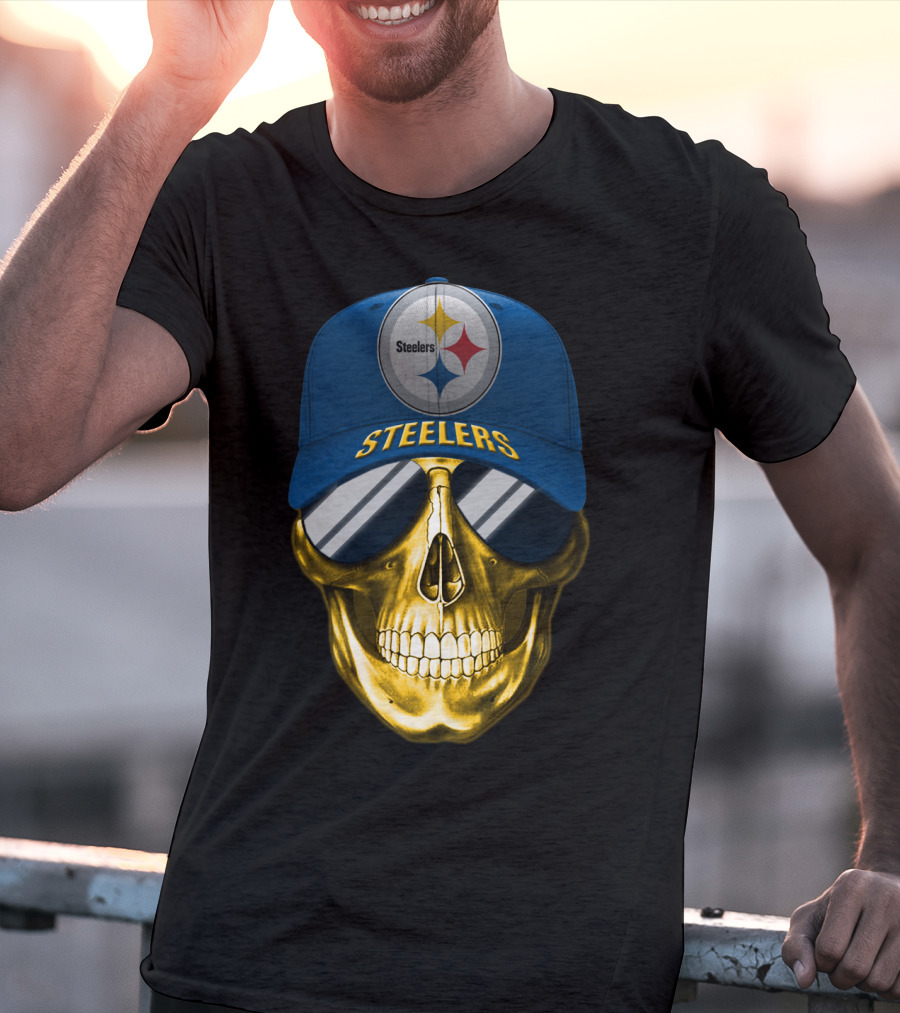 Pittsburgh Steelers Skull Wearing Reflective Sunglasses And Branded Cap T-Shirt