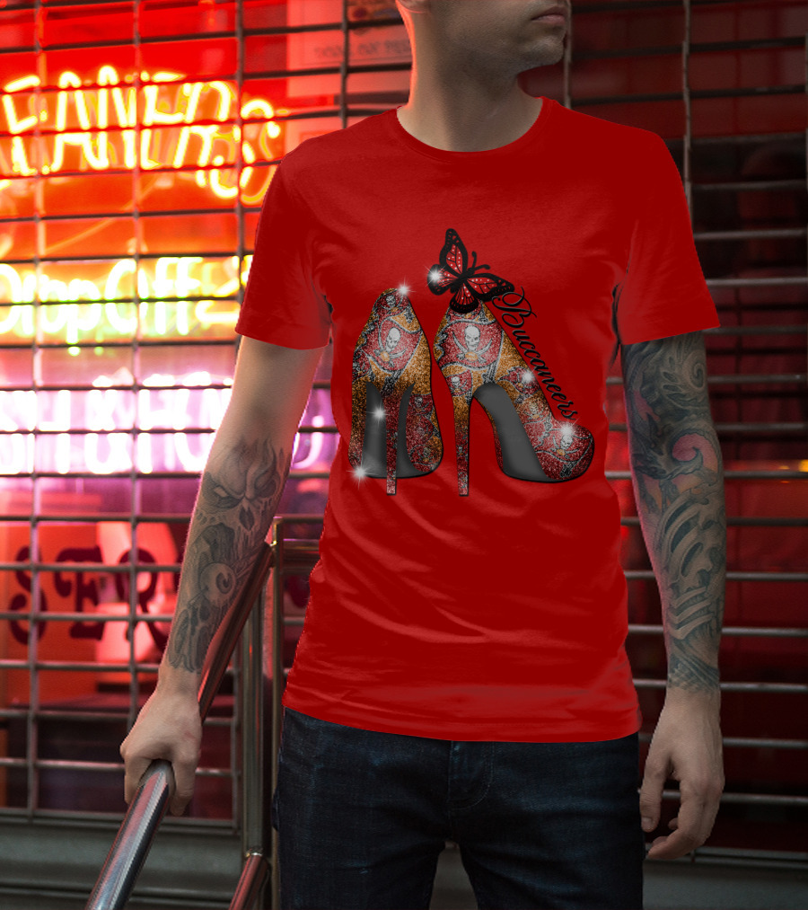 Buccaneers Heels With Red And Gold Skull Pattern Butterfly Accent T-Shirt