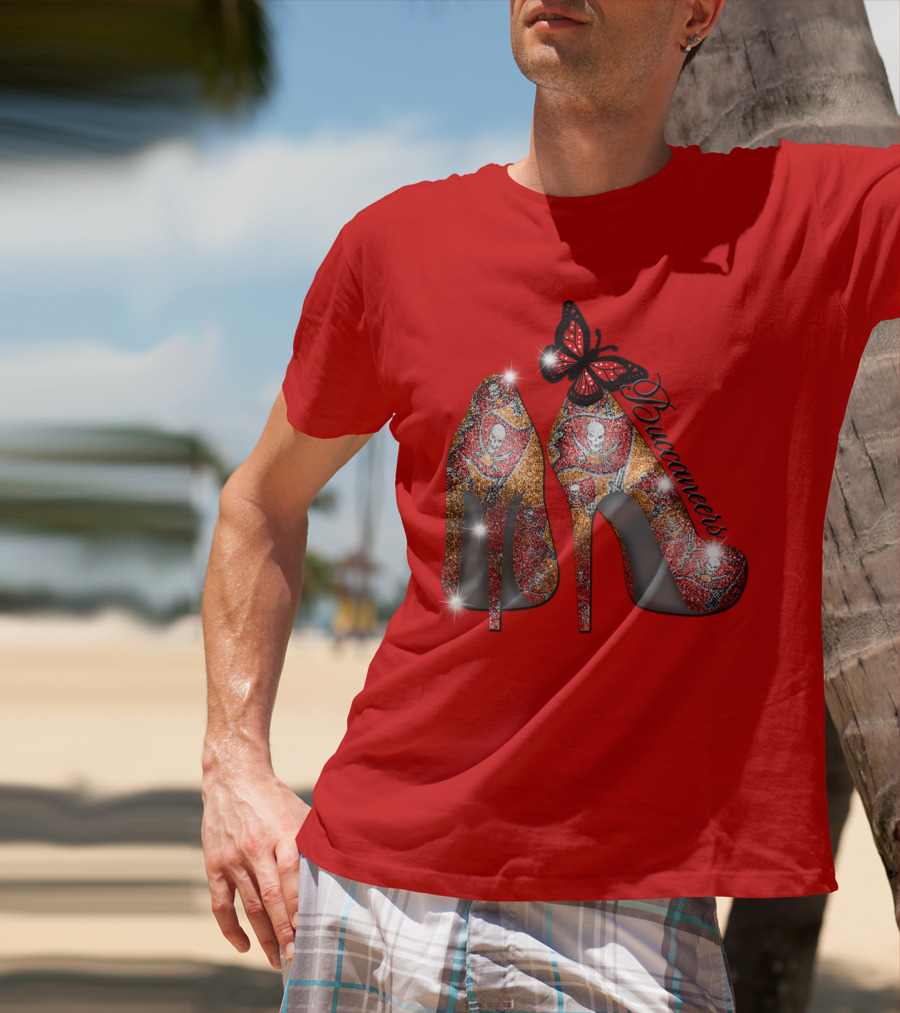 Buccaneers Heels With Red And Gold Skull Pattern Butterfly Accent T-Shirt