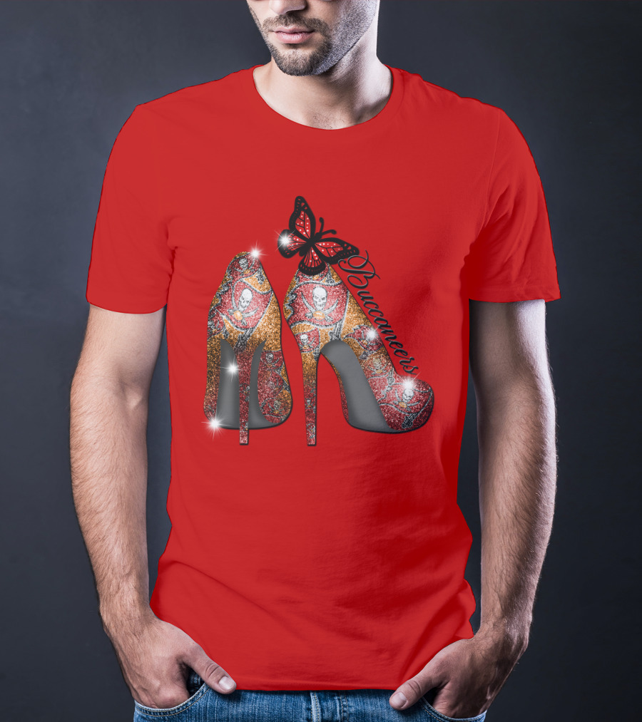 Buccaneers Heels With Red And Gold Skull Pattern Butterfly Accent T-Shirt