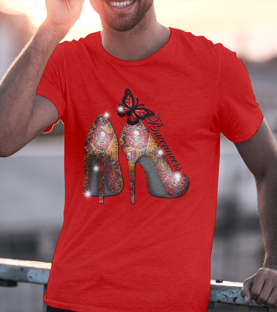 Buccaneers Heels With Red And Gold Skull Pattern Butterfly Accent T-Shirt
