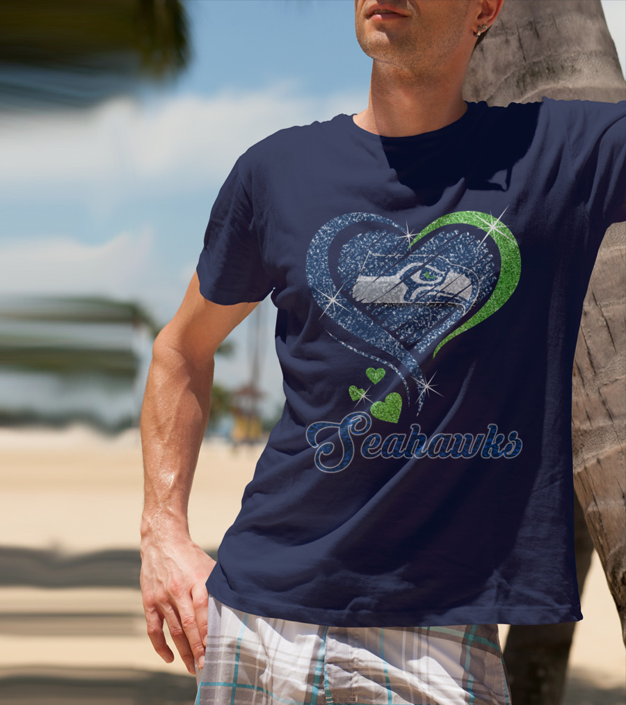 Seahawks Heart Logo With Green And Blue Sparkles T-Shirt