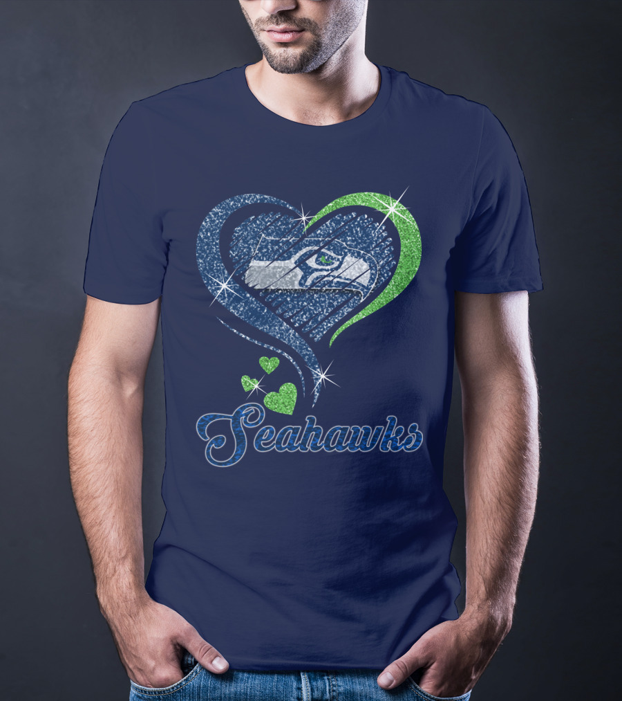 Seahawks Heart Logo With Green And Blue Sparkles T-Shirt