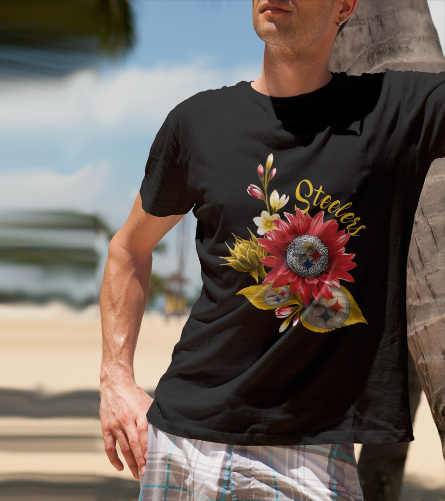 Steelers Floral Emblem With Pittsburgh Steelers Logos And Blooming Flowers T-Shirt