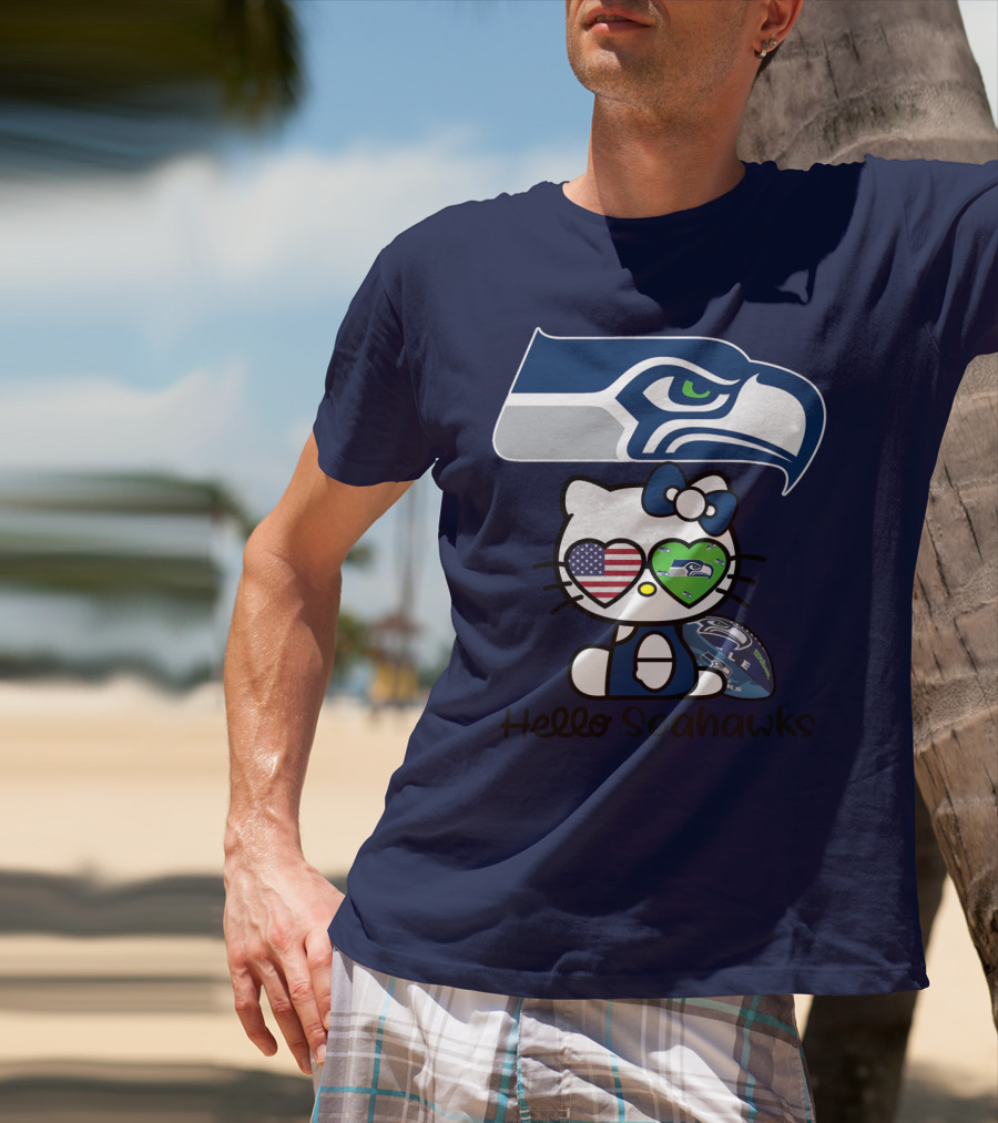 Seattle Seahawks Hello Kitty With Heart Eyes American Flag T-Shirt