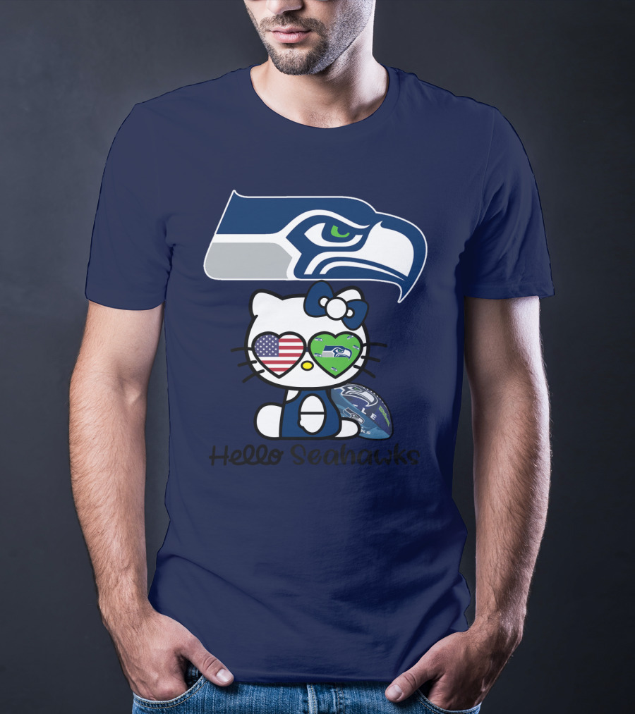 Seattle Seahawks Hello Kitty With Heart Eyes American Flag T-Shirt