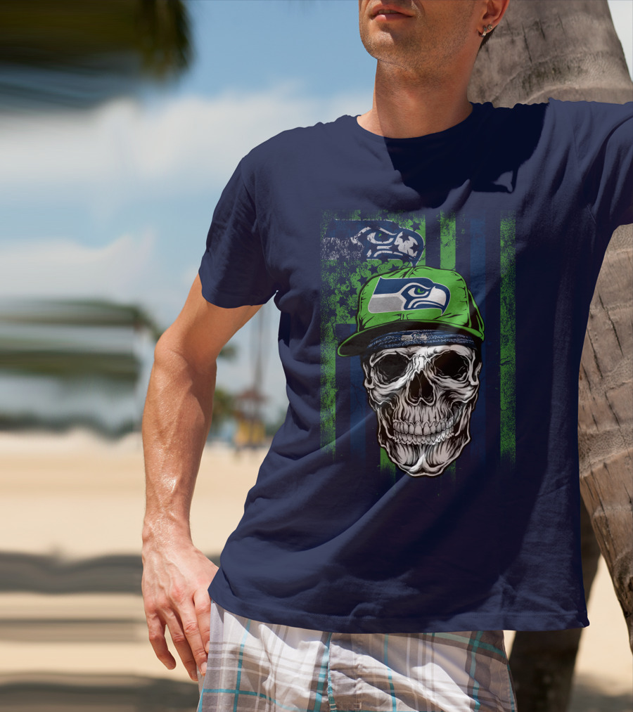 Seattle Seahawks Skull Cap Logo Grunge Style T-Shirt