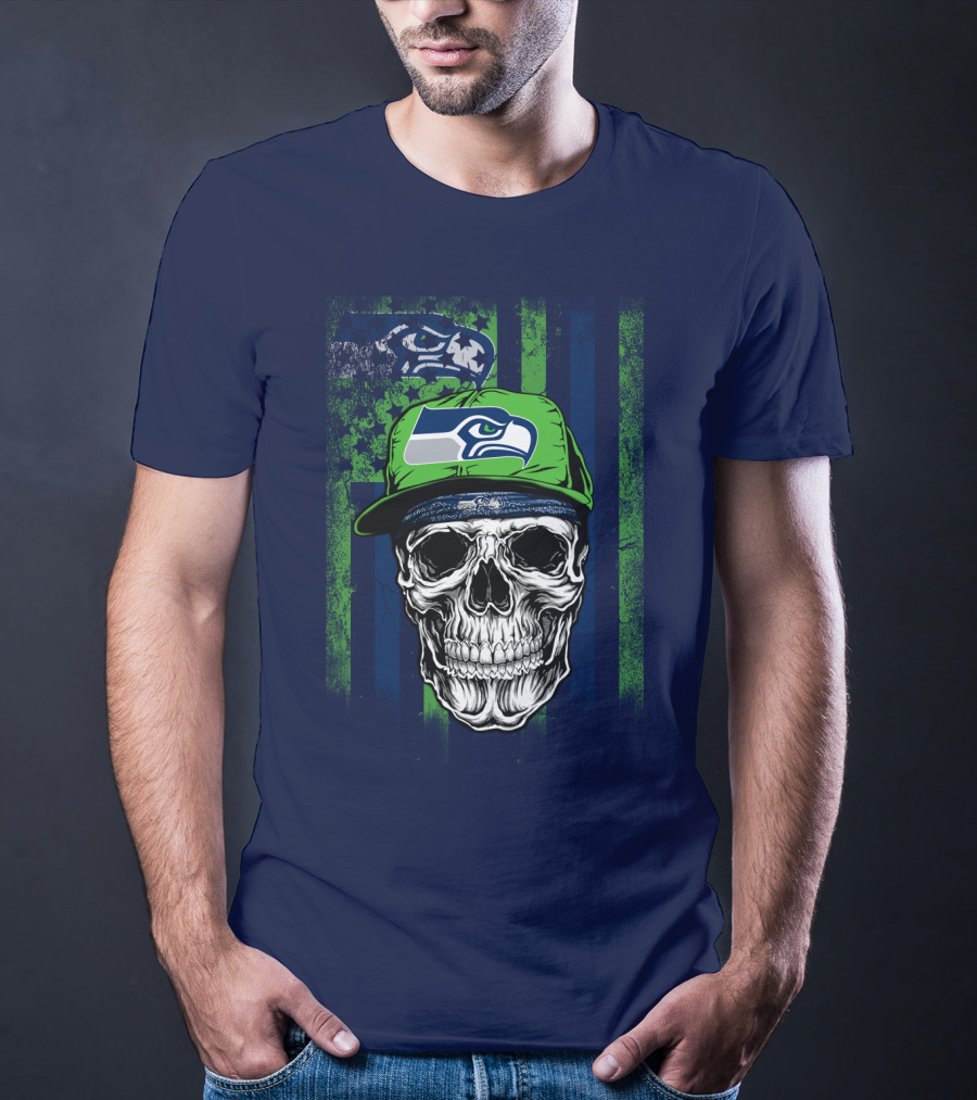 Seattle Seahawks Skull Cap Logo Grunge Style T-Shirt