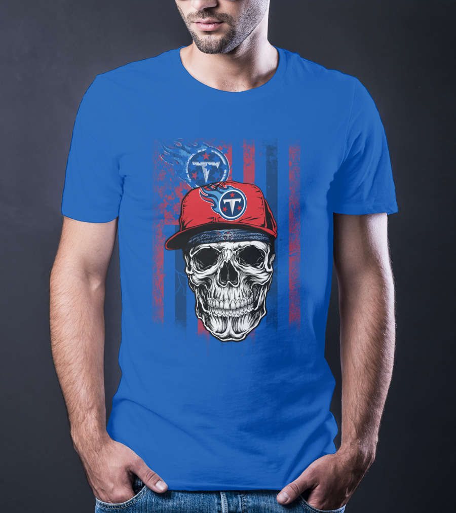 Tennessee Titans Skull With Cap Logo And Stripes T-Shirt