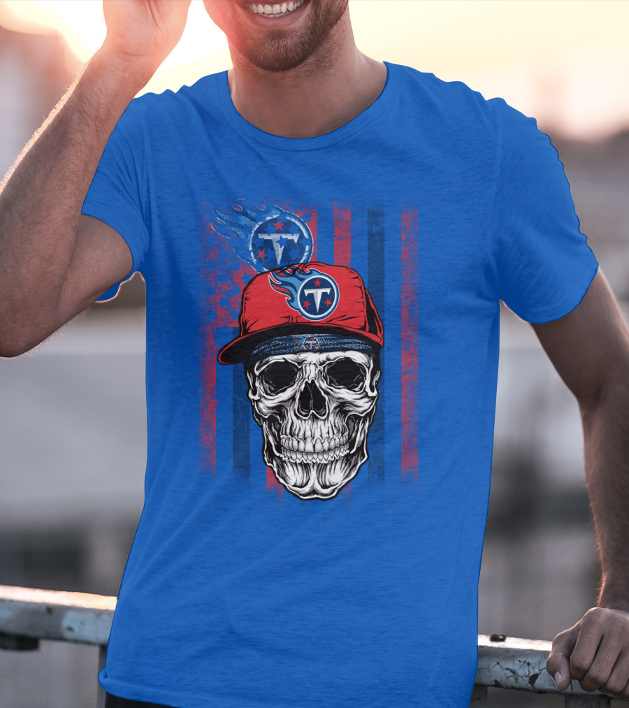 Tennessee Titans Skull With Cap Logo And Stripes T-Shirt