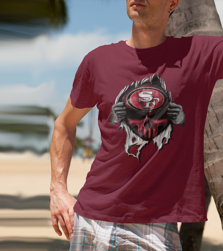 San Francisco 49ers Skull Sf Emblem Red Torn T-Shirt