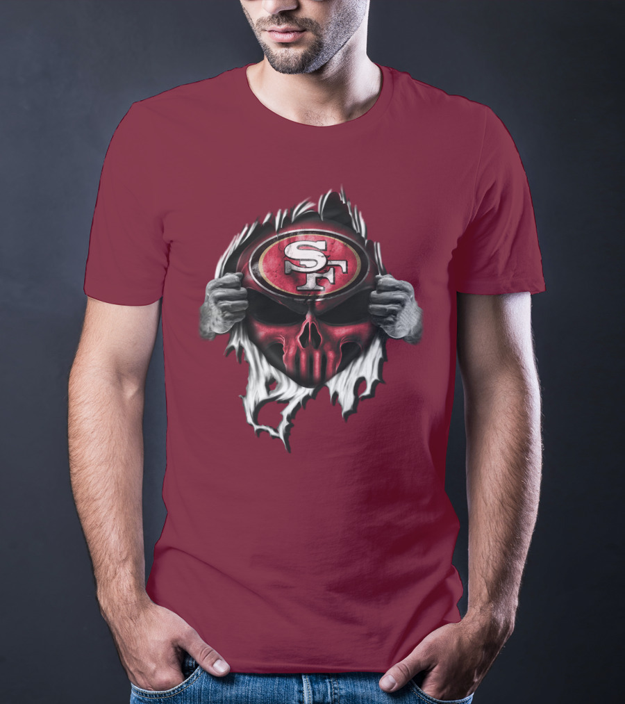 San Francisco 49ers Skull Sf Emblem Red Torn T-Shirt
