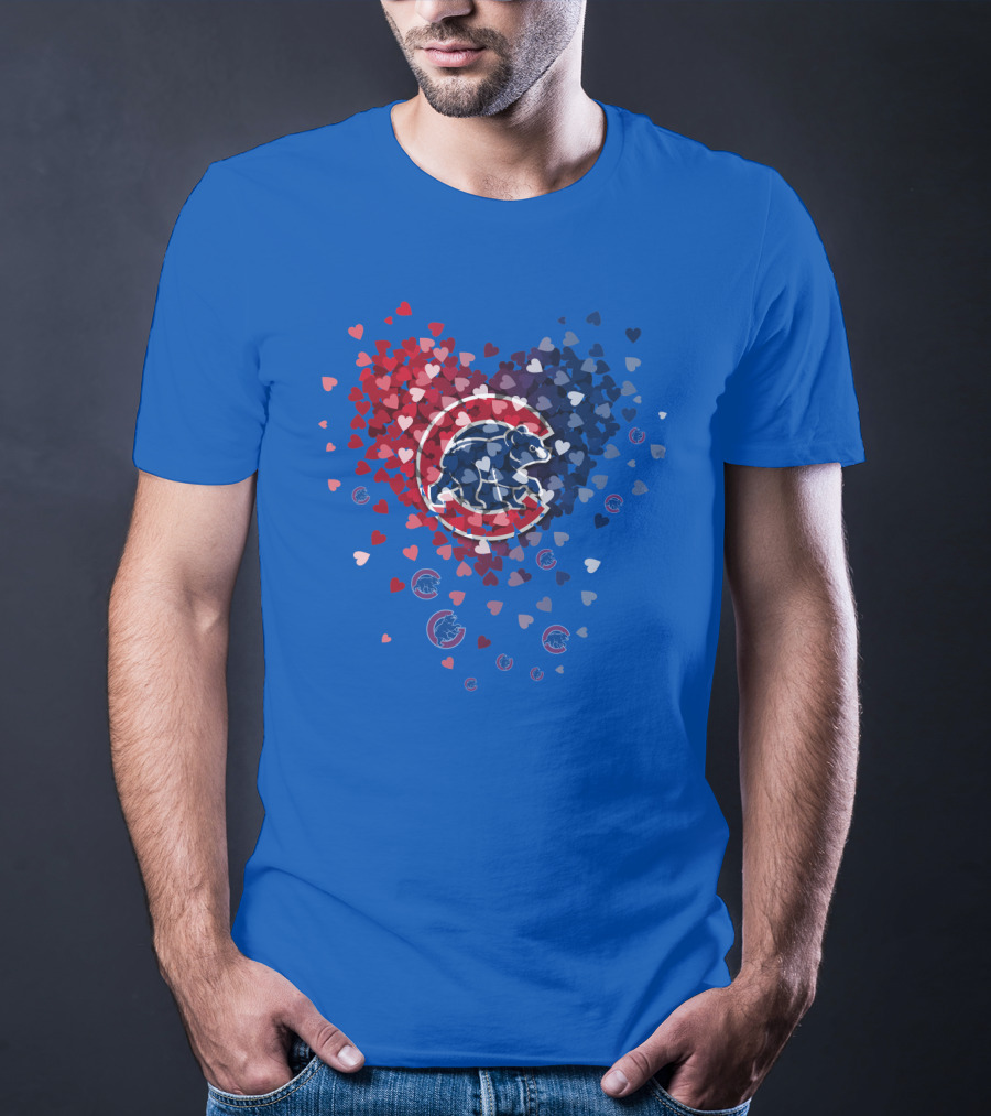 Chicago Cubs Heart Pattern With Bear Logo And Hearts In Red White And Blue T-Shirt