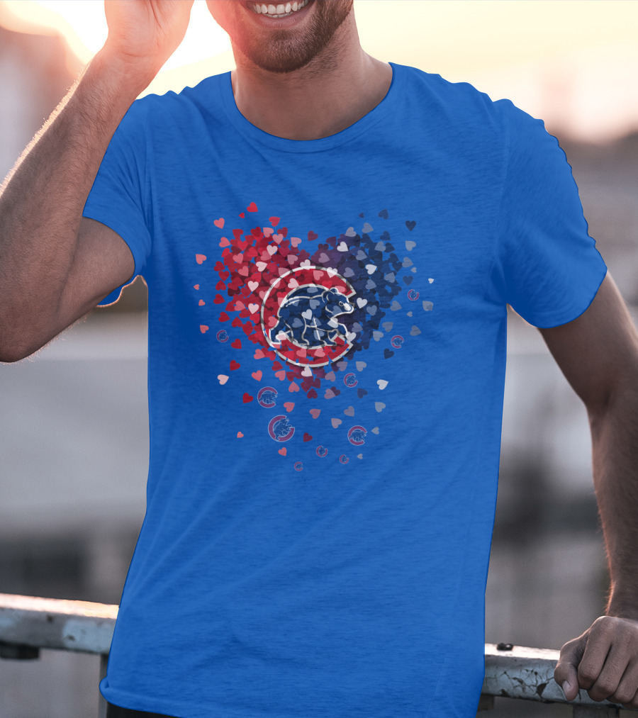 Chicago Cubs Heart Pattern With Bear Logo And Hearts In Red White And Blue T-Shirt