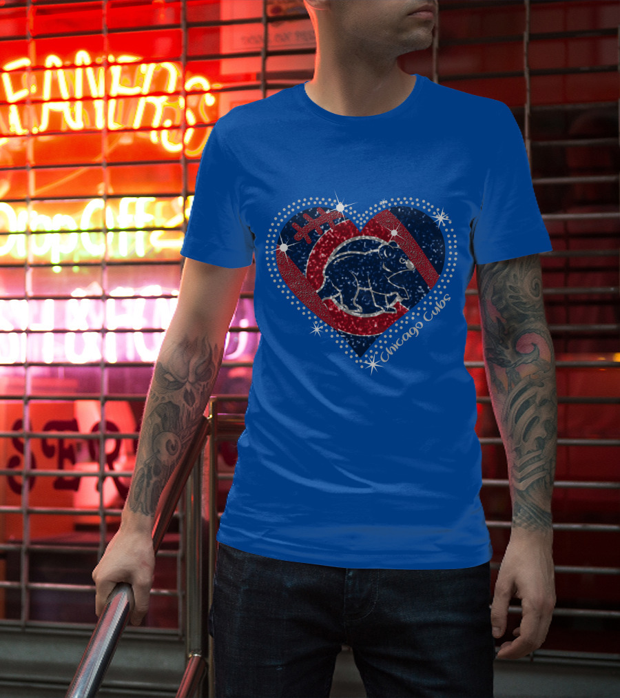 Chicago Cubs Heart Sparkle Football Bear T-Shirt