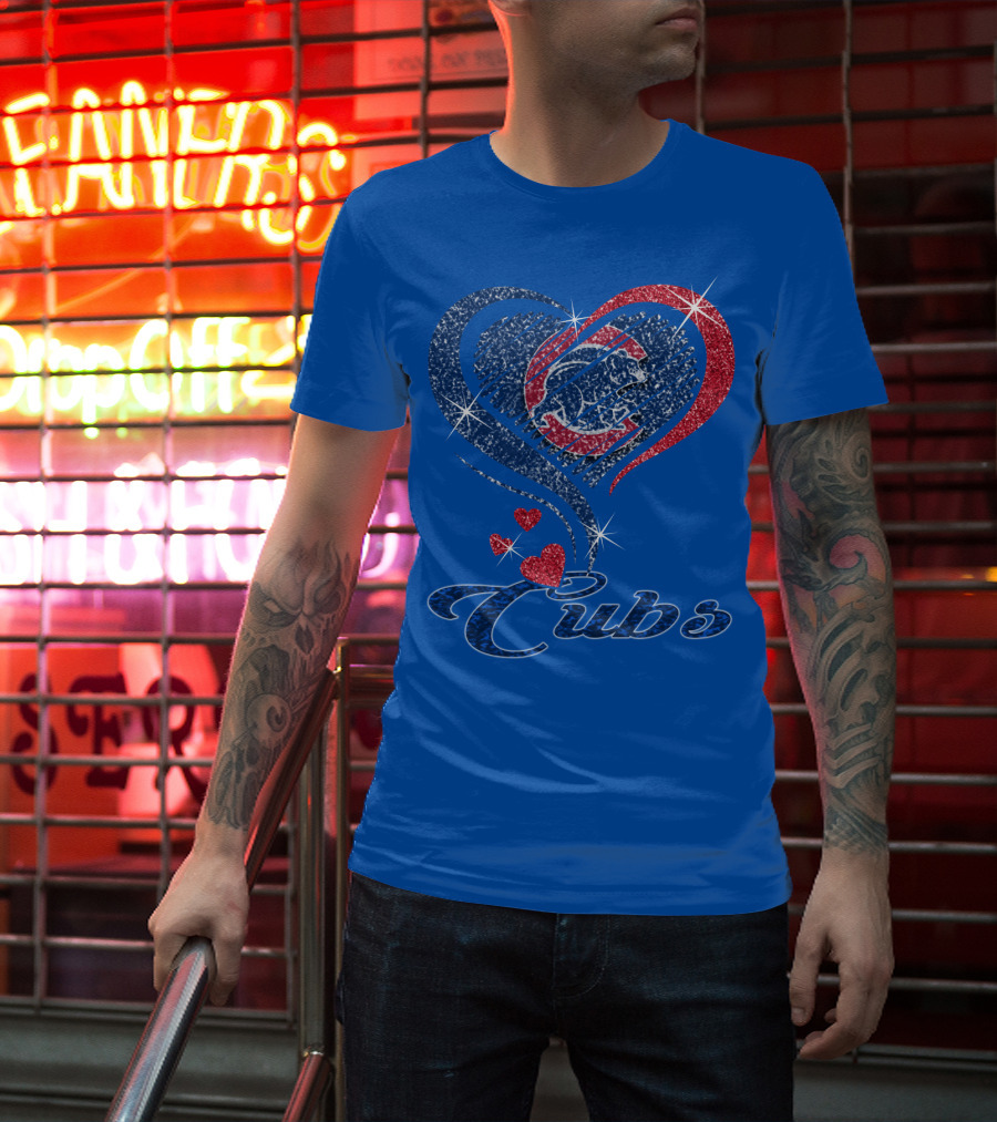 Cubs Sparkling Heart With Chicago Cubs Bear T-Shirt