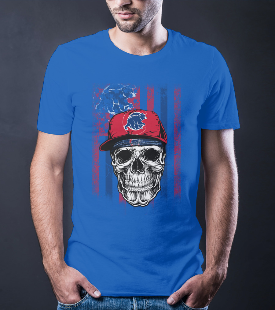 Chicago Cubs Skull With Bear And Cap On Blue T-Shirt