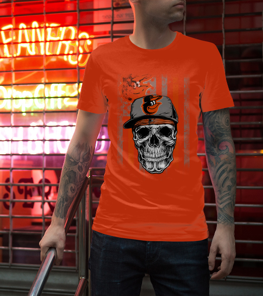 Baltimore Orioles Skull With Cap On Orange T-Shirt