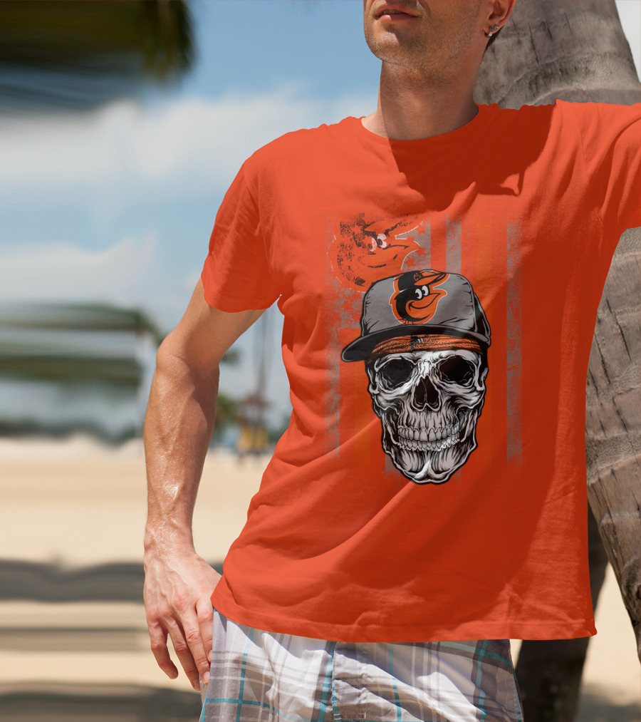 Baltimore Orioles Skull With Cap On Orange T-Shirt