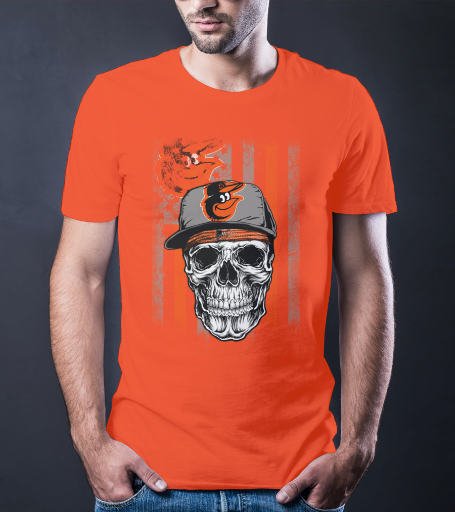 Baltimore Orioles Skull With Cap On Orange T-Shirt