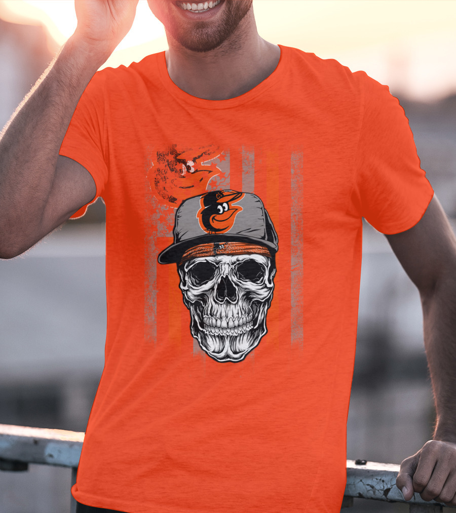 Baltimore Orioles Skull With Cap On Orange T-Shirt