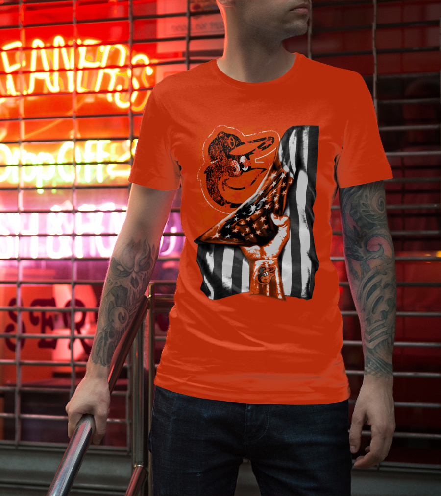 Baltimore Orioles American Flag Fist Logo On Orange T-Shirt