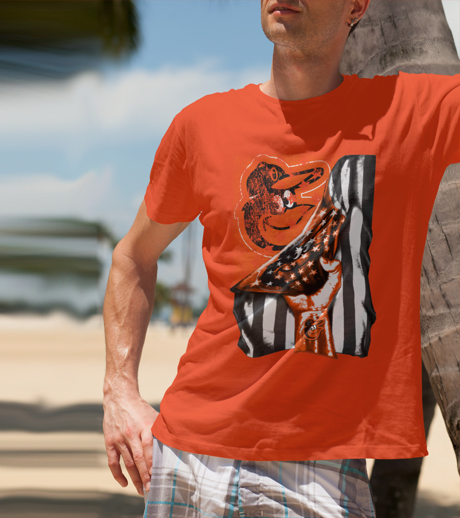 Baltimore Orioles American Flag Fist Logo On Orange T-Shirt