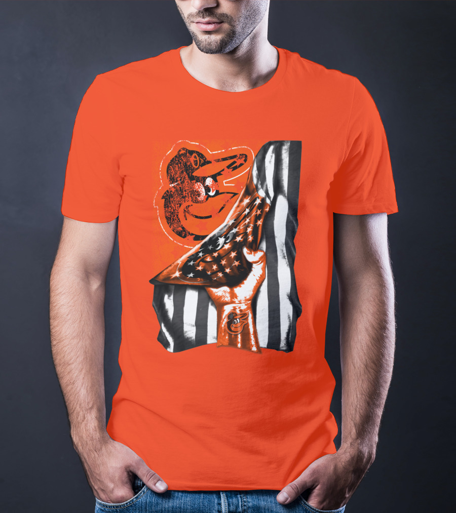 Baltimore Orioles American Flag Fist Logo On Orange T-Shirt