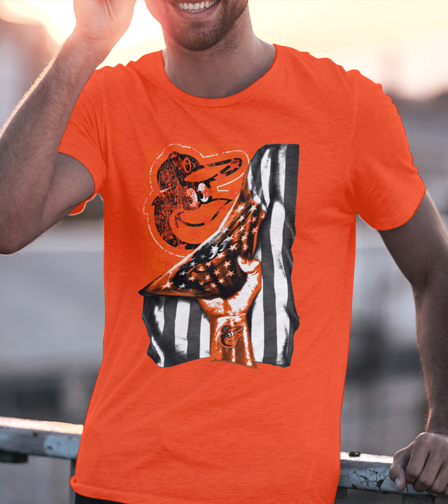 Baltimore Orioles American Flag Fist Logo On Orange T-Shirt