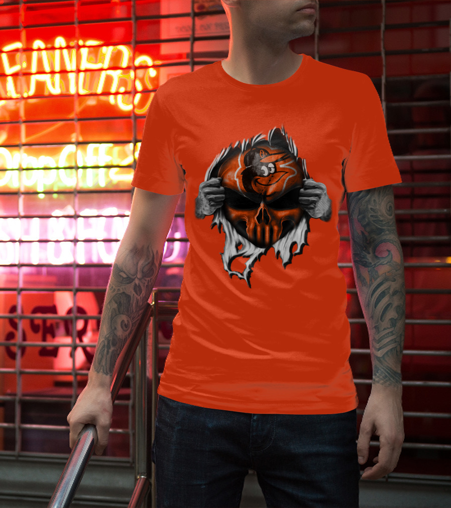 Baltimore Orioles Skull Logo Halloween Rip Effect T-Shirt