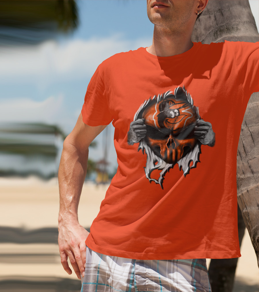 Baltimore Orioles Skull Logo Halloween Rip Effect T-Shirt