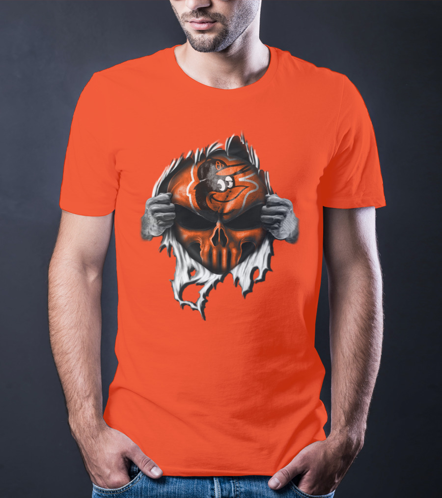 Baltimore Orioles Skull Logo Halloween Rip Effect T-Shirt
