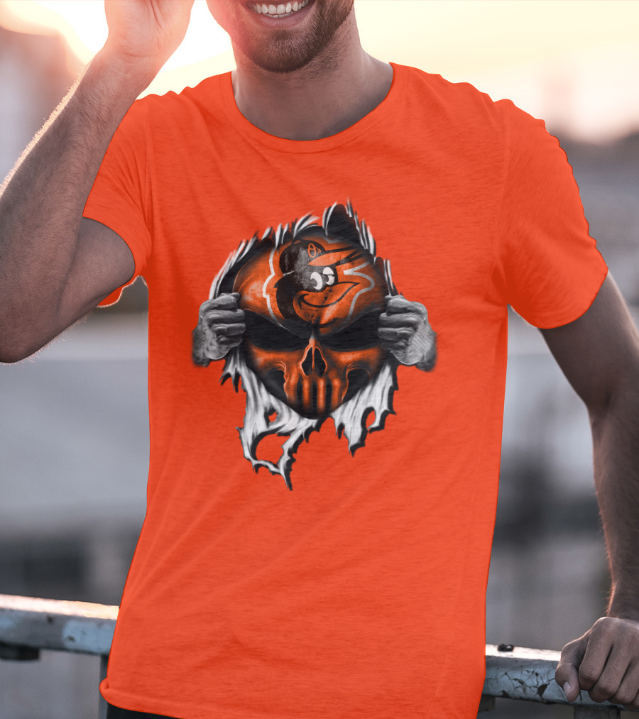Baltimore Orioles Skull Logo Halloween Rip Effect T-Shirt